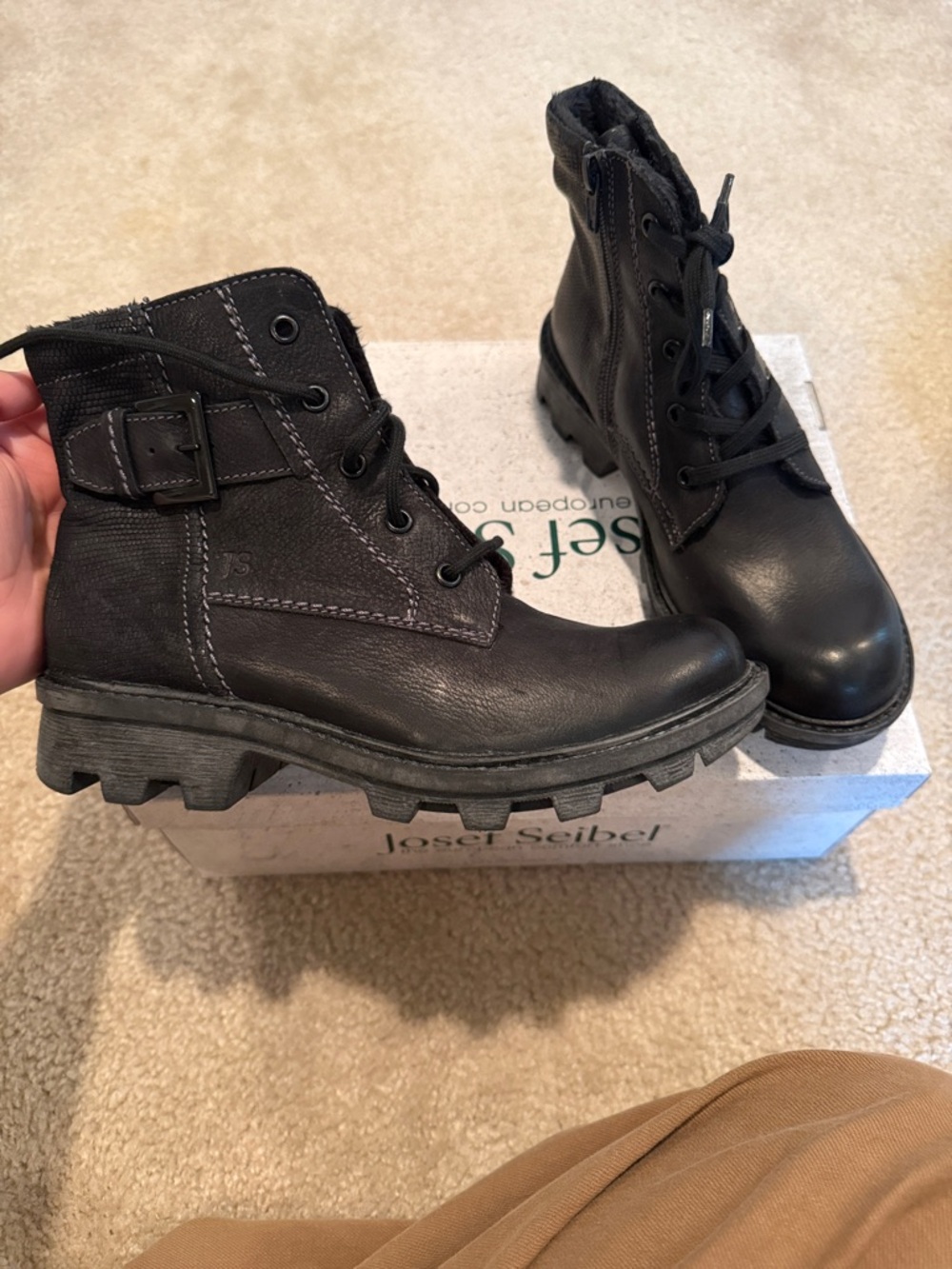 Josef Seibel Black Lace-Up Buckle Combat Boots